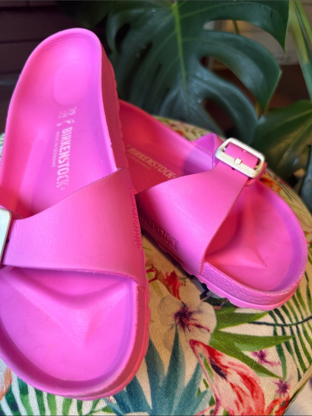 Birkenstock Pink Slide Sandals with white Buckle